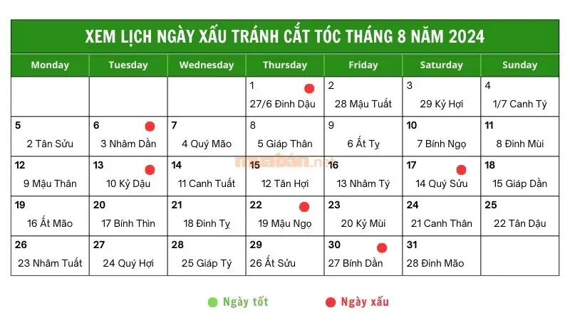 Tư vấn chọn ngày cắt tóc tháng 8 năm 2024 dương lịch